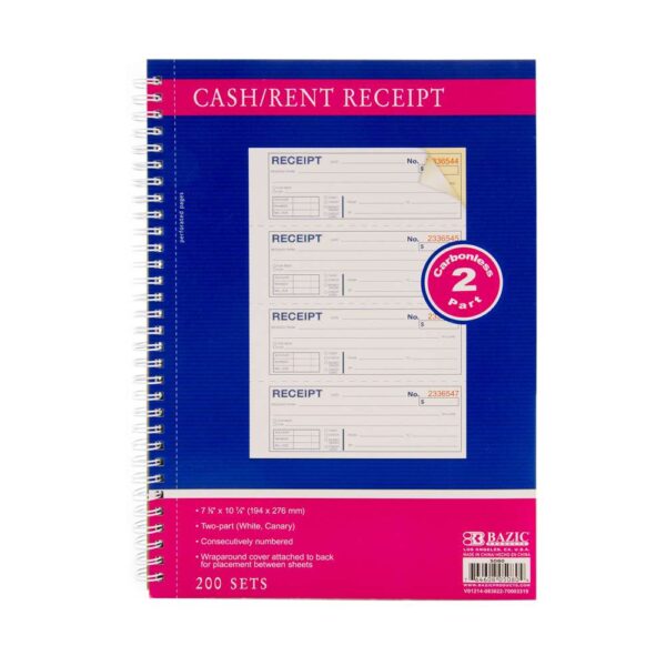 200 SETS 7 5/8''X10 7/8'' 2-PART CARBONLESS SPIRAL BOUND CASH OR RENT RECEIPT BOOK