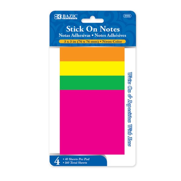 40 CT 3''X3'' NEON STICK ON NOTES (4/PACK )
