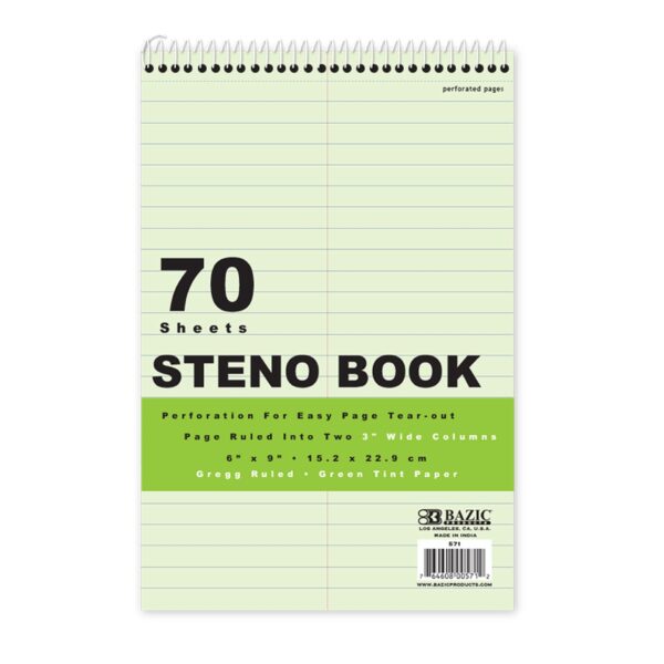 GREEN TINT GREGG RULED STENO BOOK 70CT 6''X9''