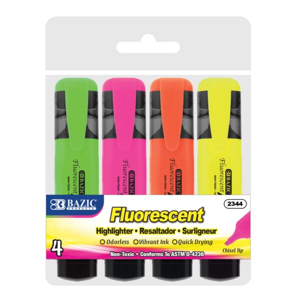 Fluorescent Highlighters w/ Pocket Clip (4/Pack)