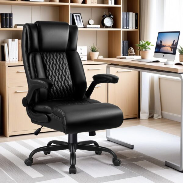 Big and Tall Office Chair 500lbs, Heavy Duty Executive Office Leather Chair for Heavy People, High Back Ergonomic Office Chair with Lumbar Support & Quiet Rubber Wheels, Extra Padded Seat, Black