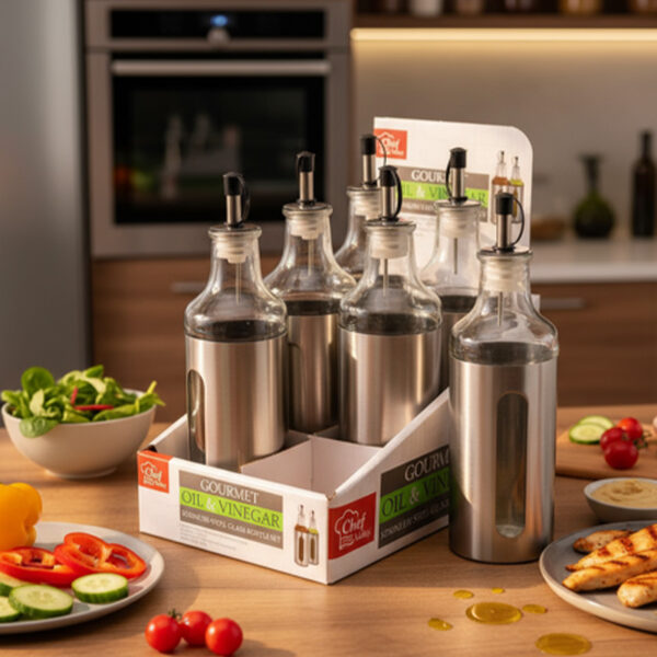 OIL & VINEGAR GLASS BOTTLES W/PDQ -12