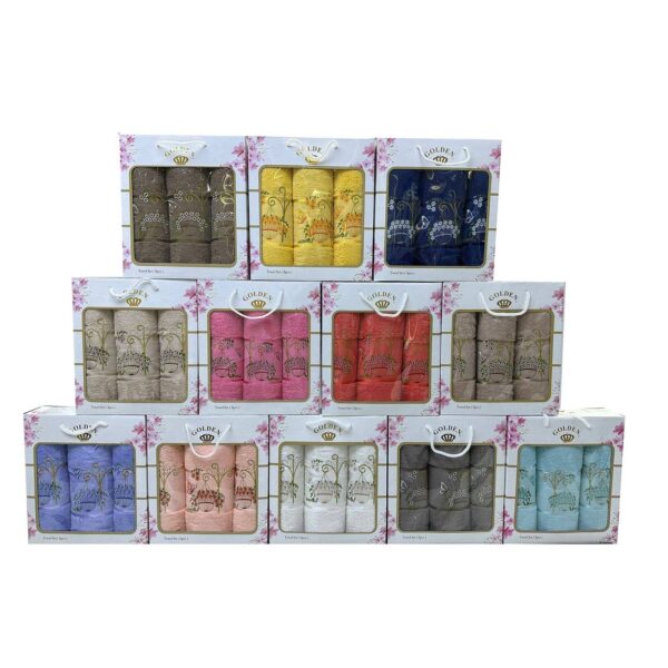 "ASSORTED 3PC EMBROIDERED TOWEL SET IN
GIFT BOX - 2PC(19X35) 1PC (27X55) -12-SETS/BOX"