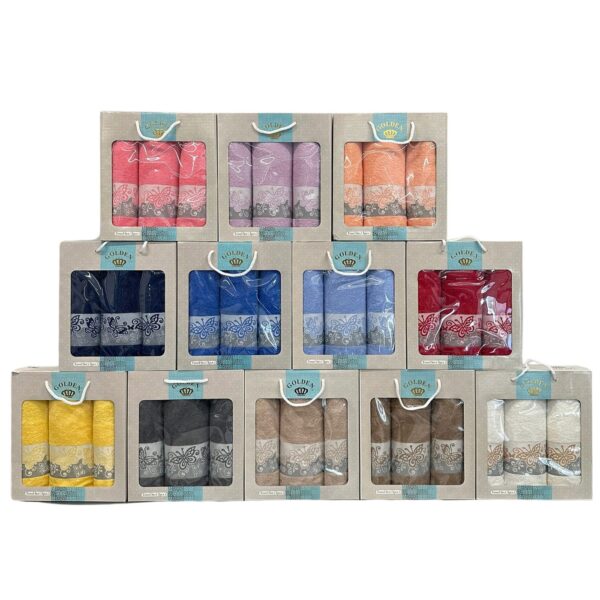 "ASSORTED 3PC EMBROIDERED TOWEL SET IN
GIFT BOX - 2PC(19X35) 1PC (27X55) -12-SETS/BOX"