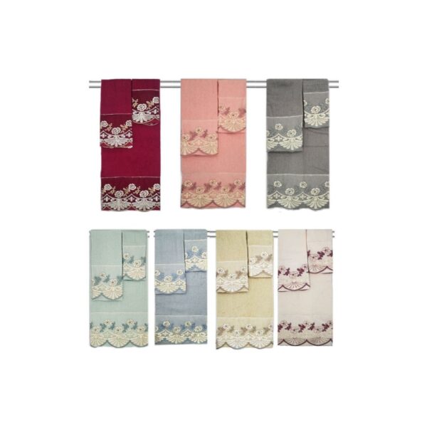 3-PC EMBROIDERED BATH TOWEL SET -ASSORTED COLORS - 14/BOX
