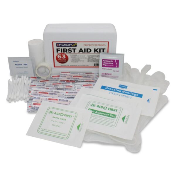 PHARMACY BEST FIRST AID BOX 42 CT - 27 CT ASSORTED BANDAGES, 4 CT ALCOHOL PADS, 4 CT CLEANING WIPES, 2 CT NON ADHESIVE PADS, NON WOVEN TAPE, PBT BANDAGE, SCISSOR, COTTON BUDS & SAFETY GLOVE