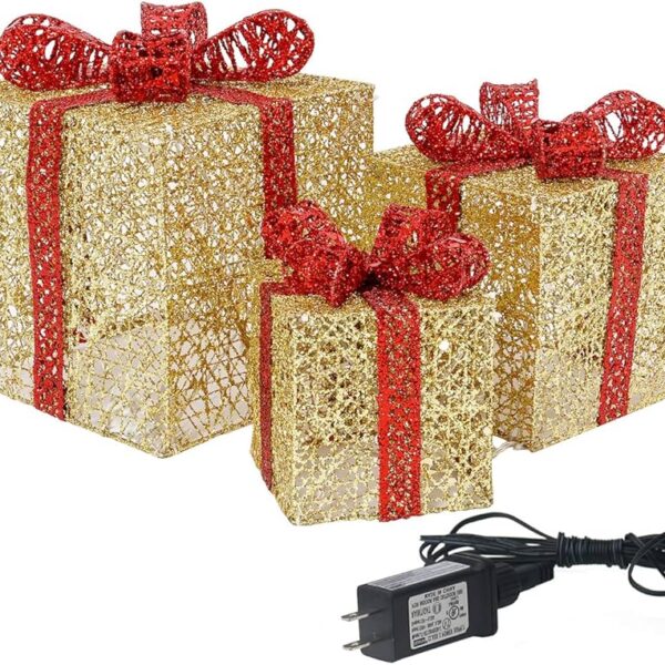 Sunnyglade 10”-8”-6” Set of 3 Christmas Lighted Gift Boxes with Plug for Christmas Decor, Weddings Yard Home Holiday Art Decorations (Gold)