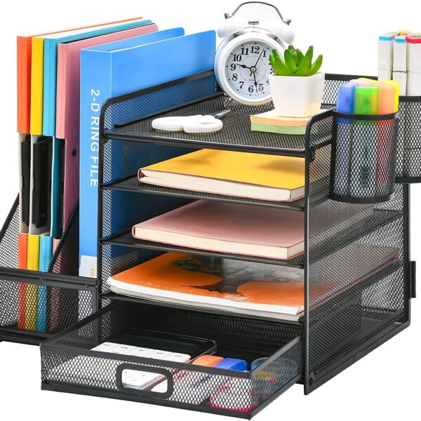 Marbrasse Desk Organizer with File Holder, 5-Tier Paper Letter Tray Organizer with Drawer and 2 Pen Holder, Mesh Desktop Organizer and Storage with Magazine Holder for Office Supplies(Black)