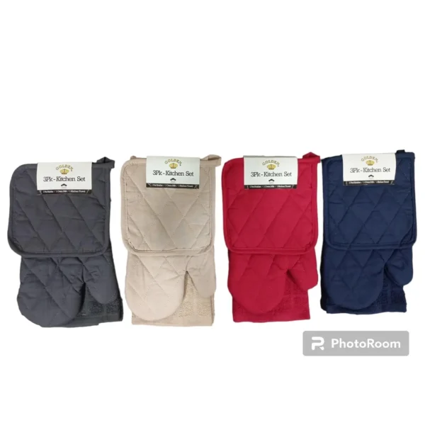 3-PK COTTON KITCHEN SET - OVEN MITT, POT HOLDER, DISH TOWEL- 48/BOX