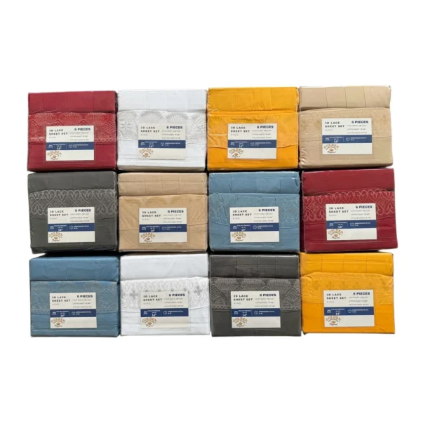 6-PC KING BED SHEET SETS  W/ 3D PRINTED LACE - SOLID COLORS 12/BOX