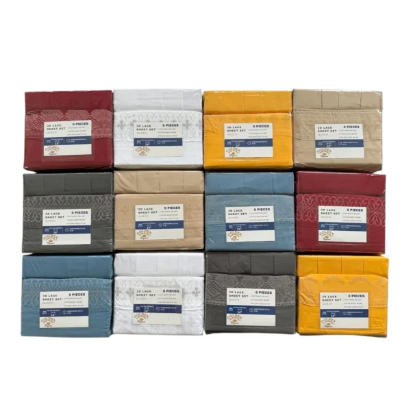6-PC QUEEN BED SHEET SETS  W/ 3D PRINTED LACE - SOLID COLORS 12/BOX