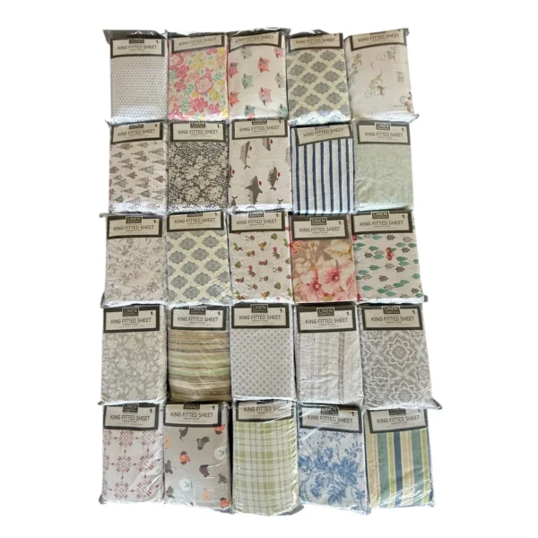 ASSORTED KING 1PC FITTED SHEET PRINTED DESIGNS - (48/BOX)