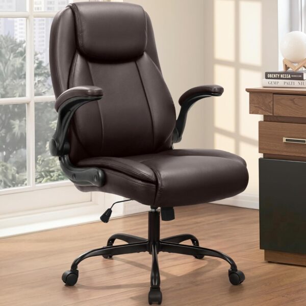 LEMBERI Office Desk Chair, High Back Executive Computer Chair, Ergonomic Big and Tall Adjustable PU Leather Chairs with Padded Armrest for Long Time Sitting (Brown)