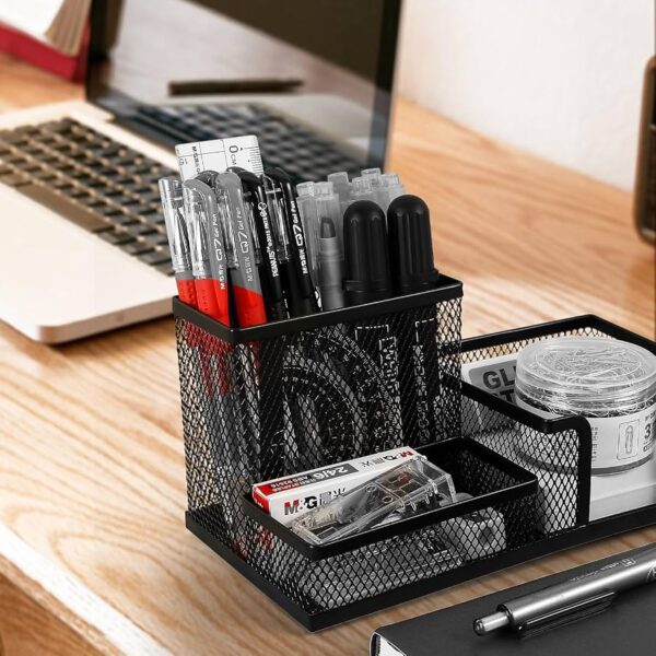Mesh Pen Holder Desk Organizers Pencil Holder for Desk Black, 3 Compartments Metal Office Supply Organizer with Sticky Notes Holder