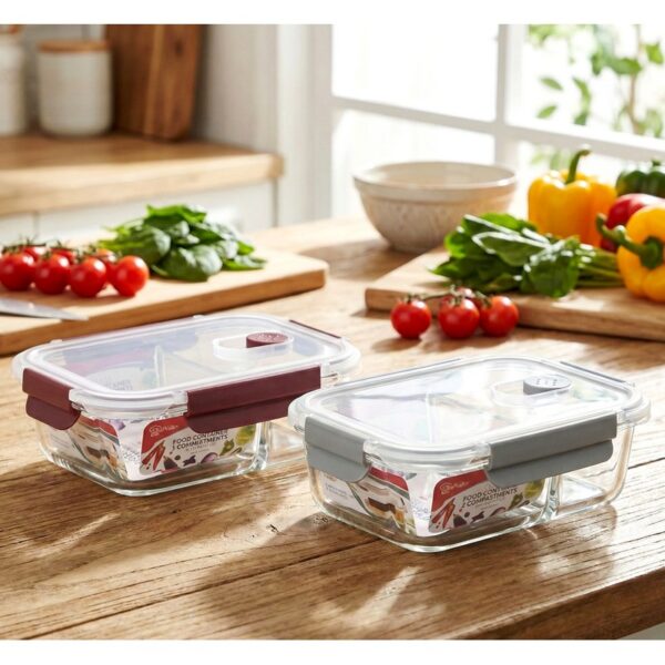 RECT GLASS FOOD CONTAINER 2 COMPARTMENTS W/LID 35 OZ-12